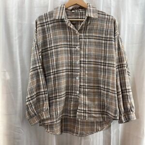 Womens Classic Fashion Plaid Button Down Long Sleeve Shirt Top Beige Black White